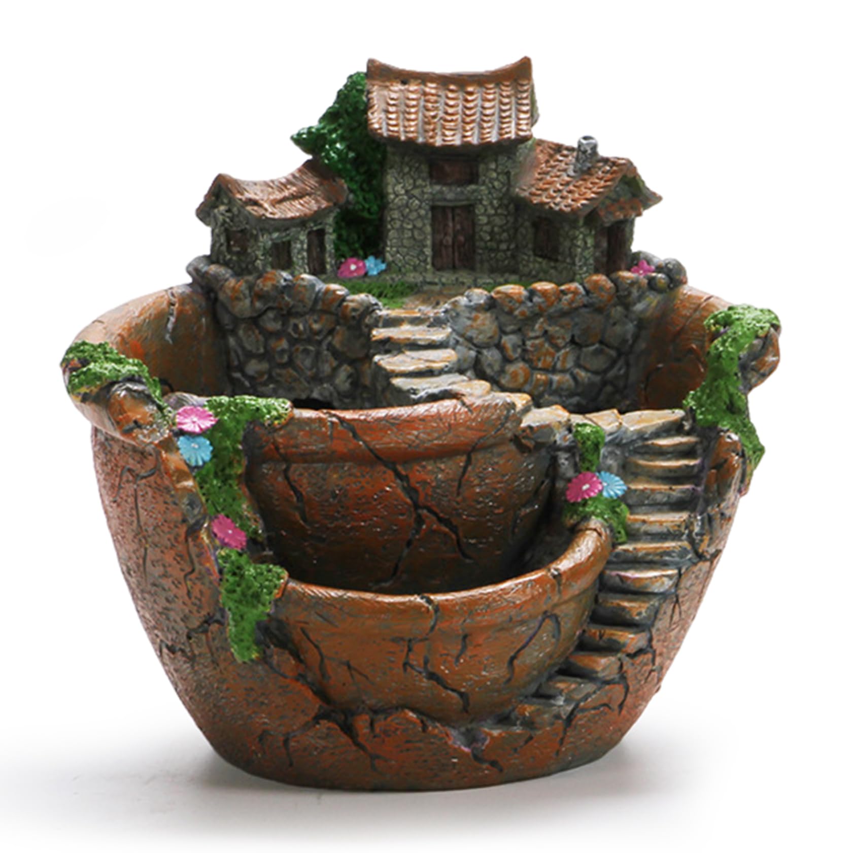 Peosaard Orange Pot Plant, Garden Pot 6.9X6.7x6.3'' Resin Fairy Tale Castle Plant With Drainage Hole Decorative Multi-Layer Flower Set With 3 Pots For Succulents, Small Plants And Flowers, Flower