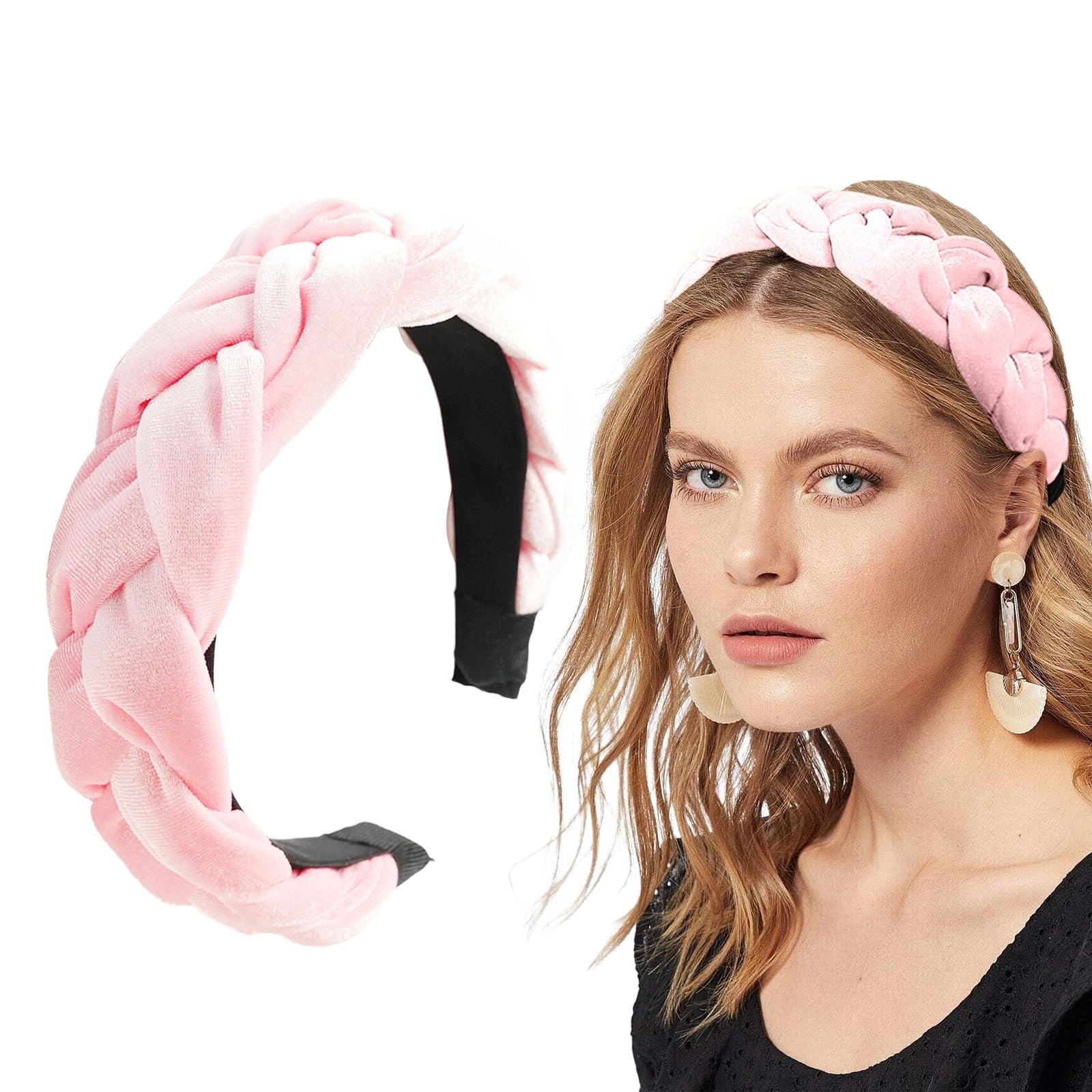 Gevlochten haarband, fluweel, gevlochten hoofdband voor dames, brede vintage gevoerde hoofdband voor vrouwen en meisjes, zomer, spelletjes (beige, één maat