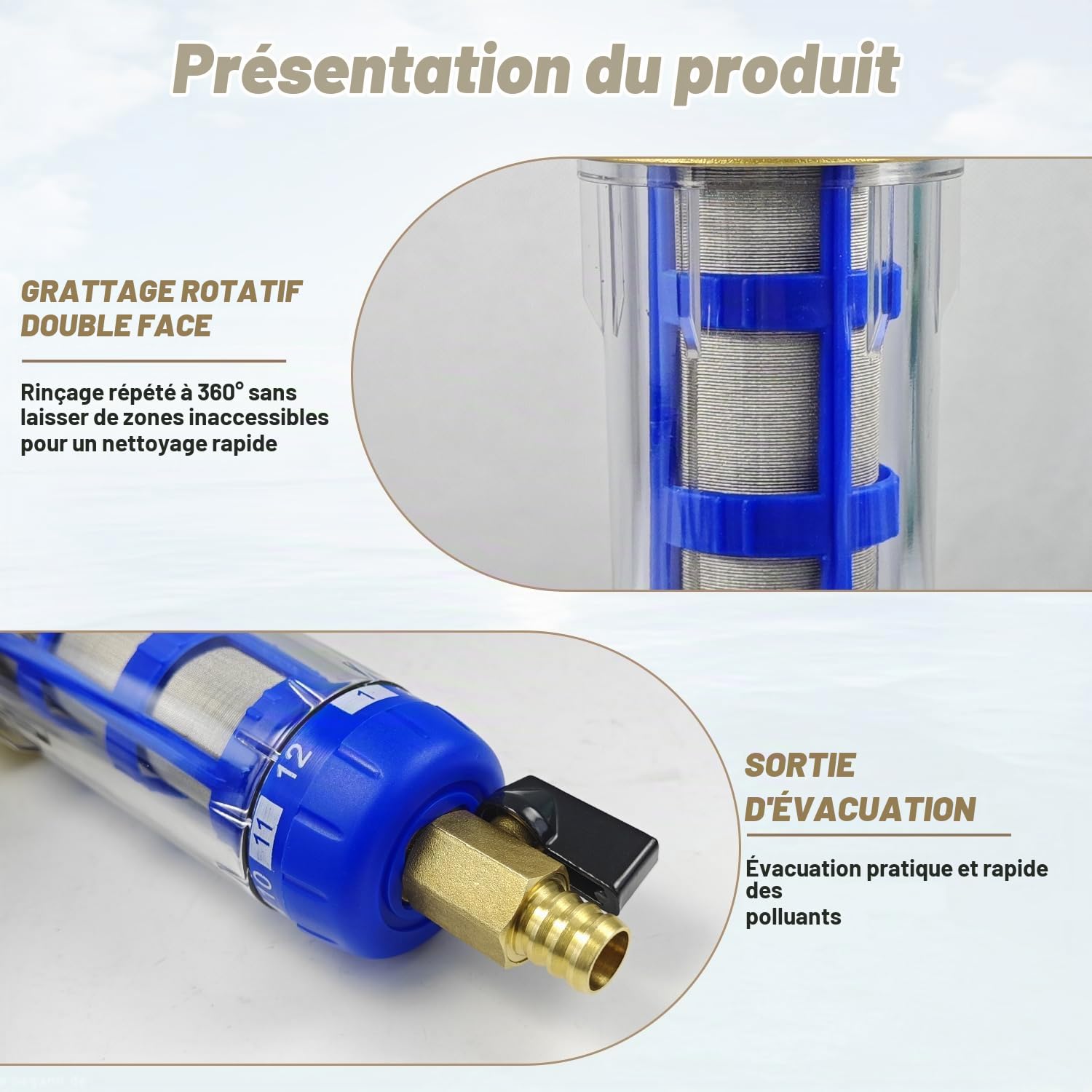 Filtre a Eau de Lavage à Contre-Courant, Acier Inoxydable Filtre Eau Réutilisable, Filtre à Eau du Robinet pour Tuyau D'eau de Puits, Filtre à Sédiments (Filetage MâLe 3/4") (Bleu)