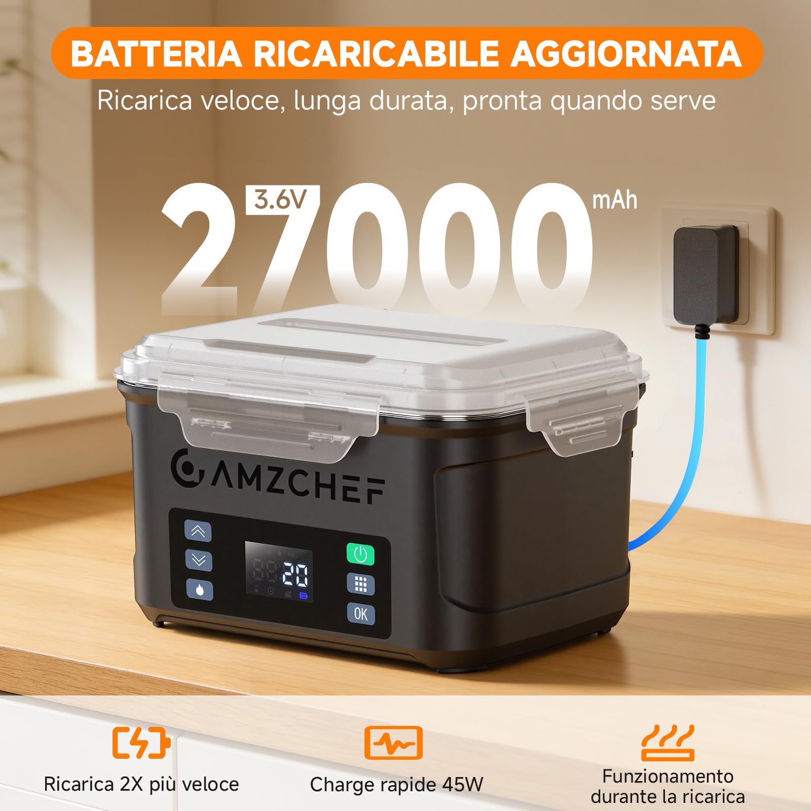 AMZCHEF Scaldavivande elettrico portatile 1,5 L con batteria 27000 mAh, riscaldamento su cinque lati, funzione di riscaldamento istantaneo, con timer e funzione di memoria, ricarica rapida (nero)