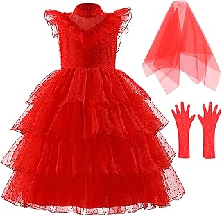 FGUUTYM Cosplay niña Halloween rojo vestido de novia vestido guantes coloridos