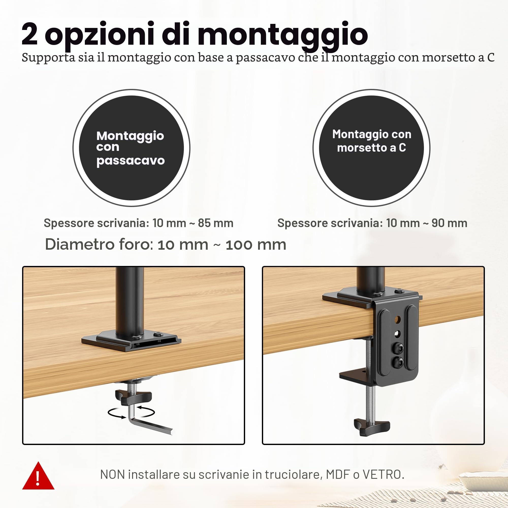 Redbat Supporto Monitor Braccio Display con Vassoio per Doppio Schermo Laptop (max 16'') e LED LCD da 13 a 32 Pollici (max 8 kg), Inclinazione, Rotazione, 2 Opzioni di Installazione