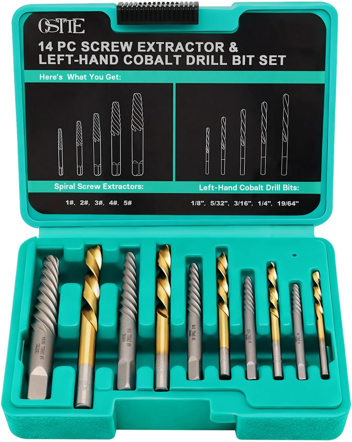 Screw Extractor Set 14Pcs, Bolt Extractor Kit with Left Hand Drill Bits Set, Easy Out Tool for Removing Stripped Screws & Broken Bolts, 35# Cr-Mo & 6542 HSS Steel