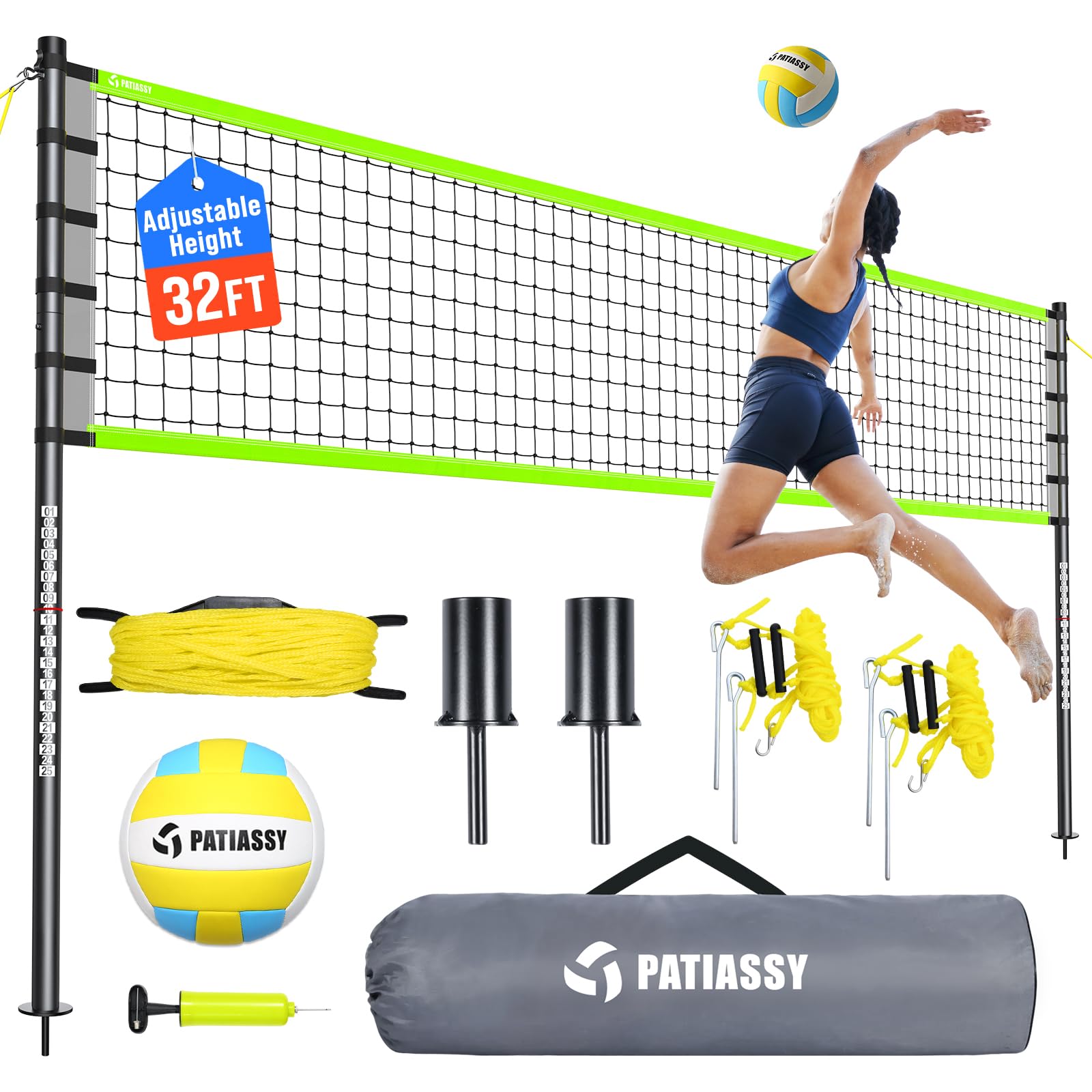 Outdoor Volleyball Net for Backyard, 32FT Anti-Sag Net with Steel Poles