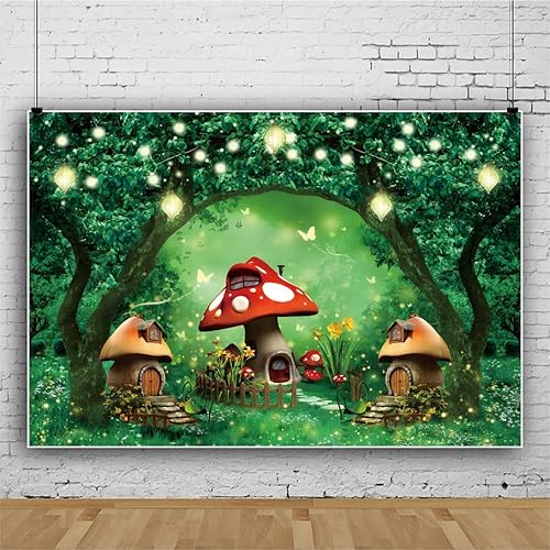Miniatura 4 de Renaiss Telón de fondo de fotos de bosque encantado de 7 x 5 pies, tela de poliéster, cuento de hadas, árbol mágico, casa de hongos, país de las