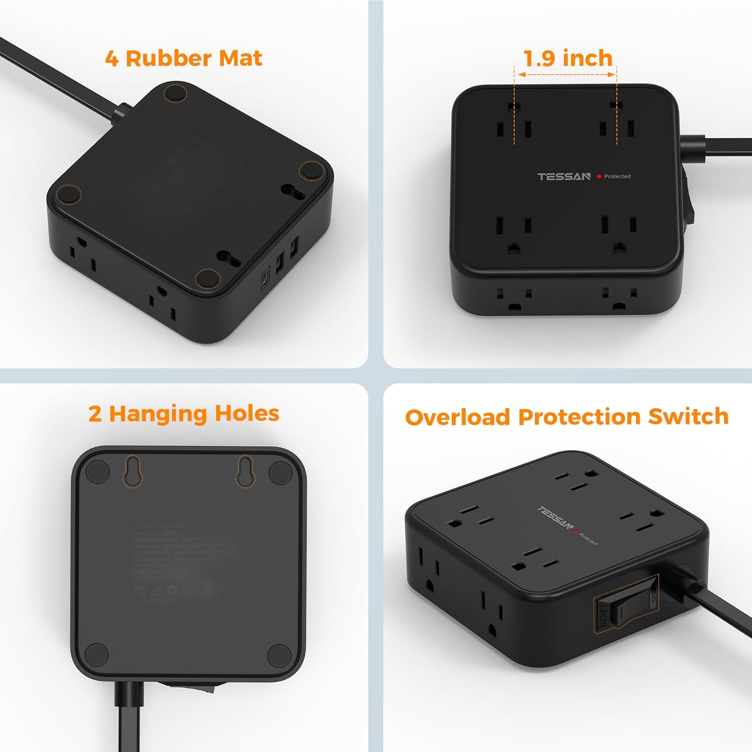 TESSAN Power Strip detailed features including rubber feet, dimensions, mounting holes, and overload switch