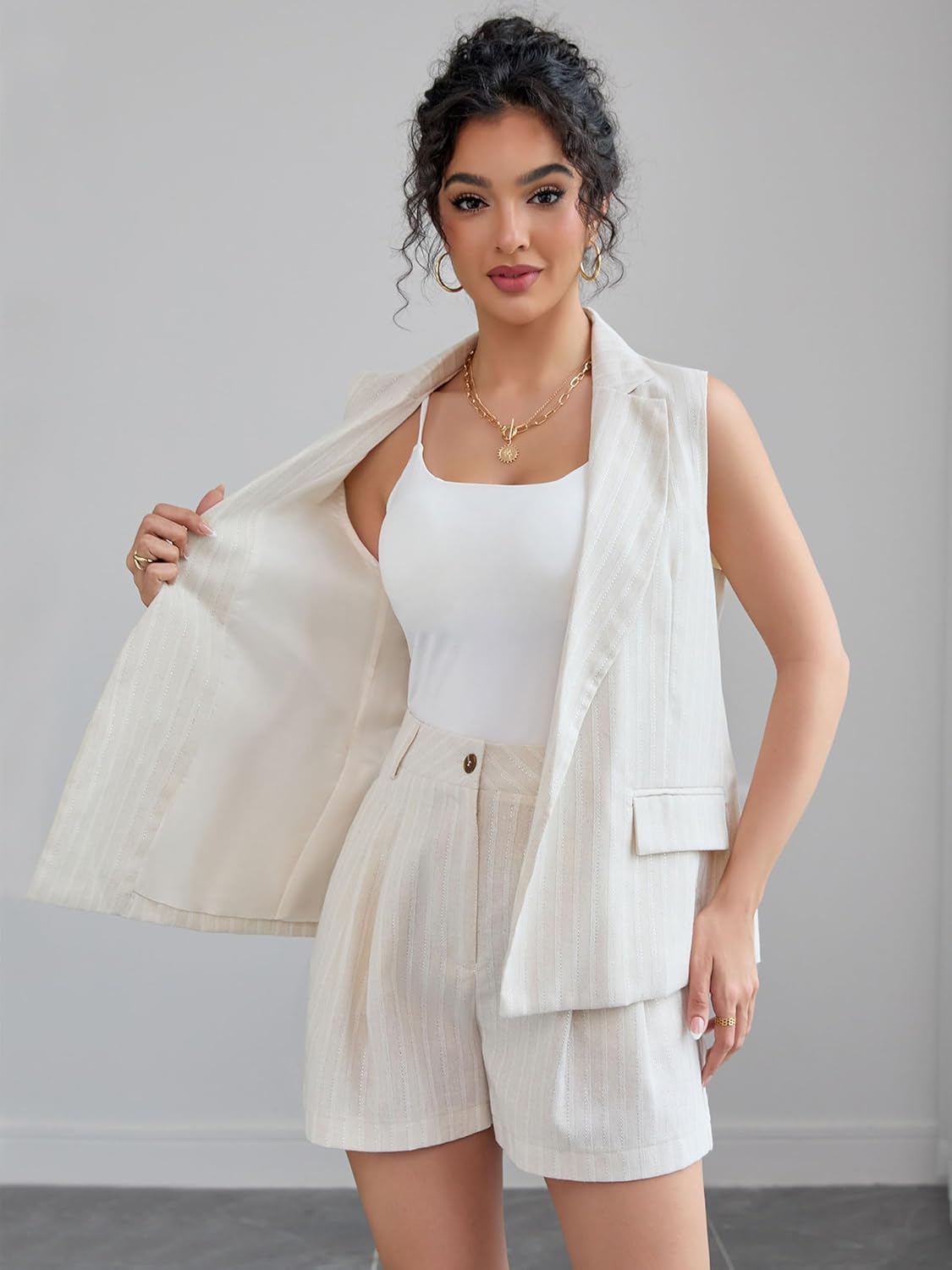 Women's Summer Linen 2 Piece Outfit Belted Vest and High Waisted Shorts Set for Casual Workwear Vacation - Image 3