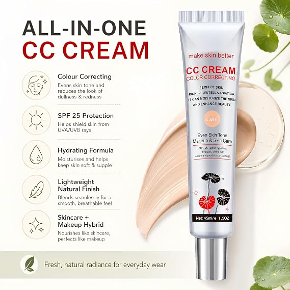 CC Cream with Centella Asiatica, Color Correcting CC Cream Foundation with SPF 25, Full Coverage Tinted Moisturiser, Korean Skincare Makeup, Hydrating, Lightweight, for Natural Radiance