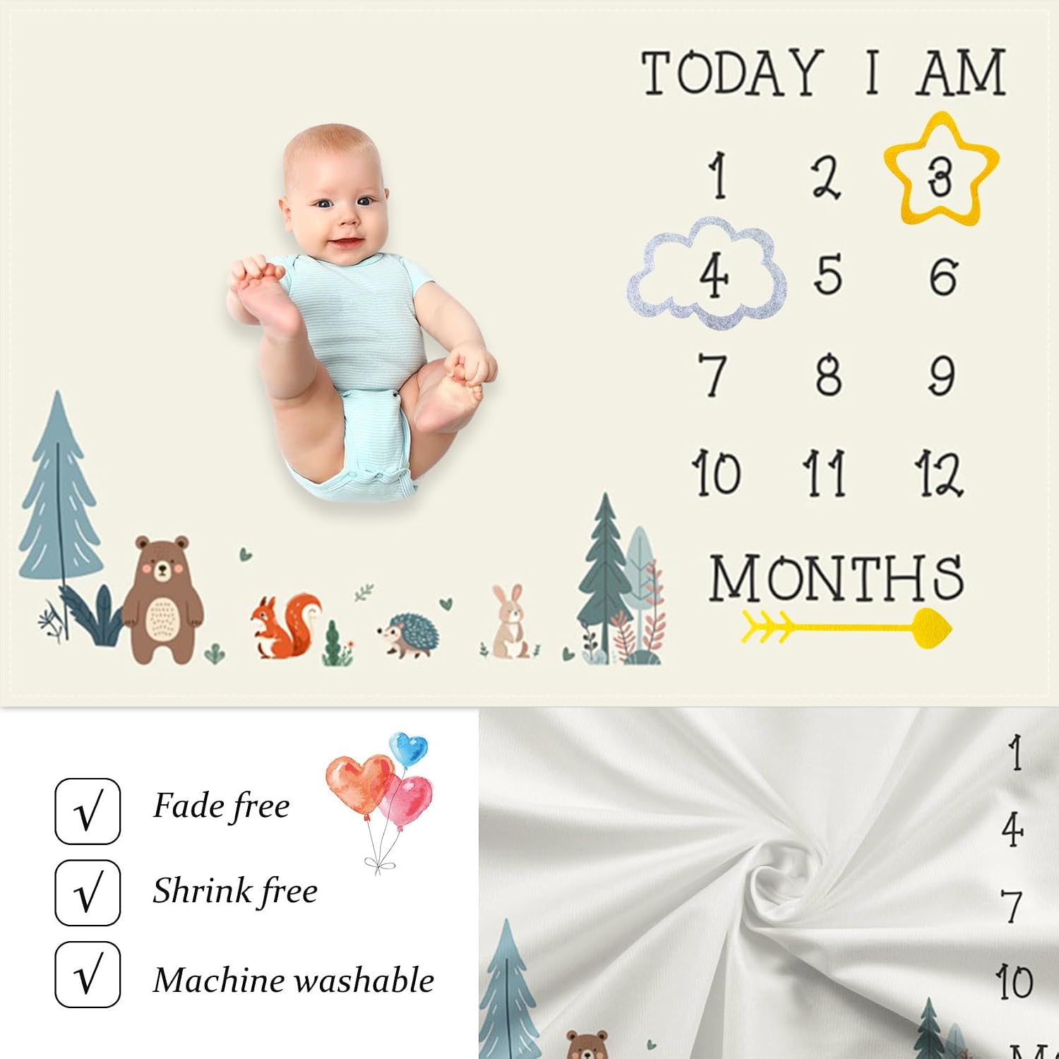 Cartoon Jungle Animal Baby Monthly Milestone Blanket Baby Shower Memory Picture Recording Blanket Newborn Growth Record Photo Shooting Background Prop, 60"x40" with Frame