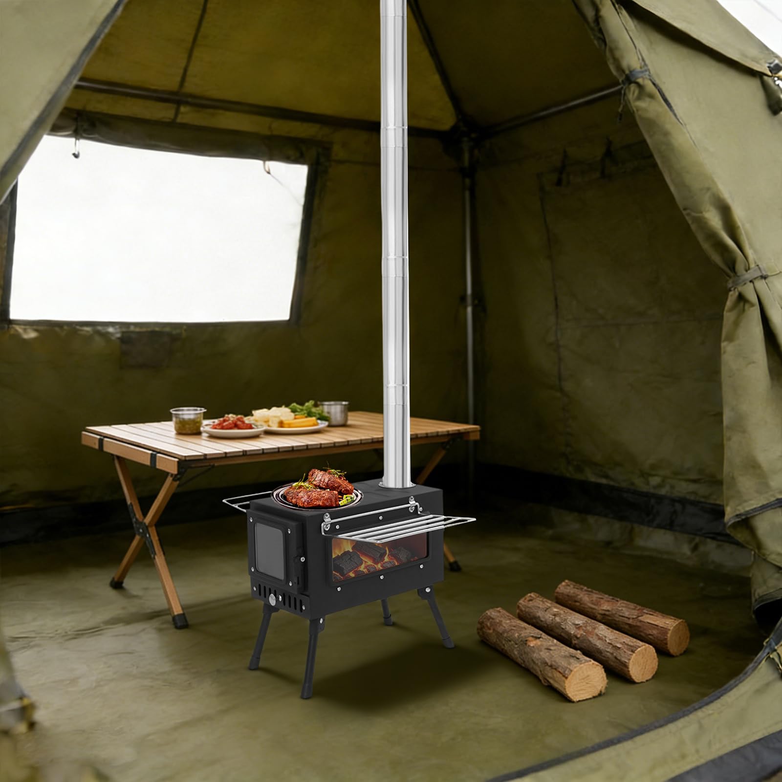 Réchaud de camping portable avec 5 tuyaux de cheminée, porte en verre transparent et clapet de fumée réglable, poêle à bois pliable pour camping et extérieur