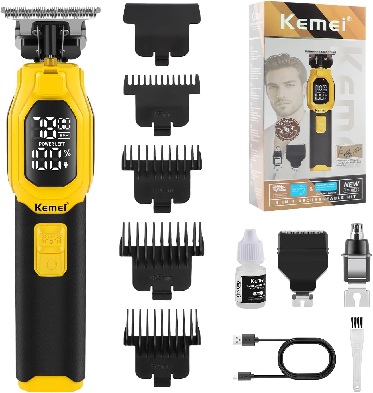 KEMEI Professional 3-in-1 Complete Grooming Tools for Men, Cordless Beard Trimmer, Electric Facial, Ear & Nose Trimmer, Rechargeable Hair Clippers, Gifts for Men