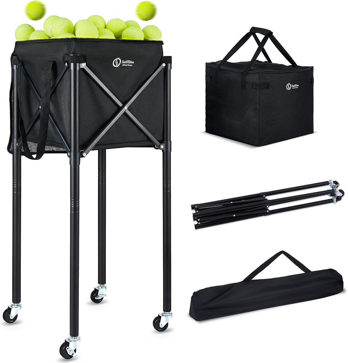 Tolva portátil para pelotas de tenis y cesta de Pickleball, carrito plegable para pelotas de tenis con bolsa de almacenamiento, recolector de pelotas multideporte para entrenamiento y práctica