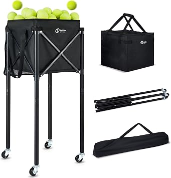 Portable Tennis Ball Hopper & Pickleball Basket, Foldable Tennis Ball Cart with Storage Bag, Multi-Sport Ball Collector for Training & Practice