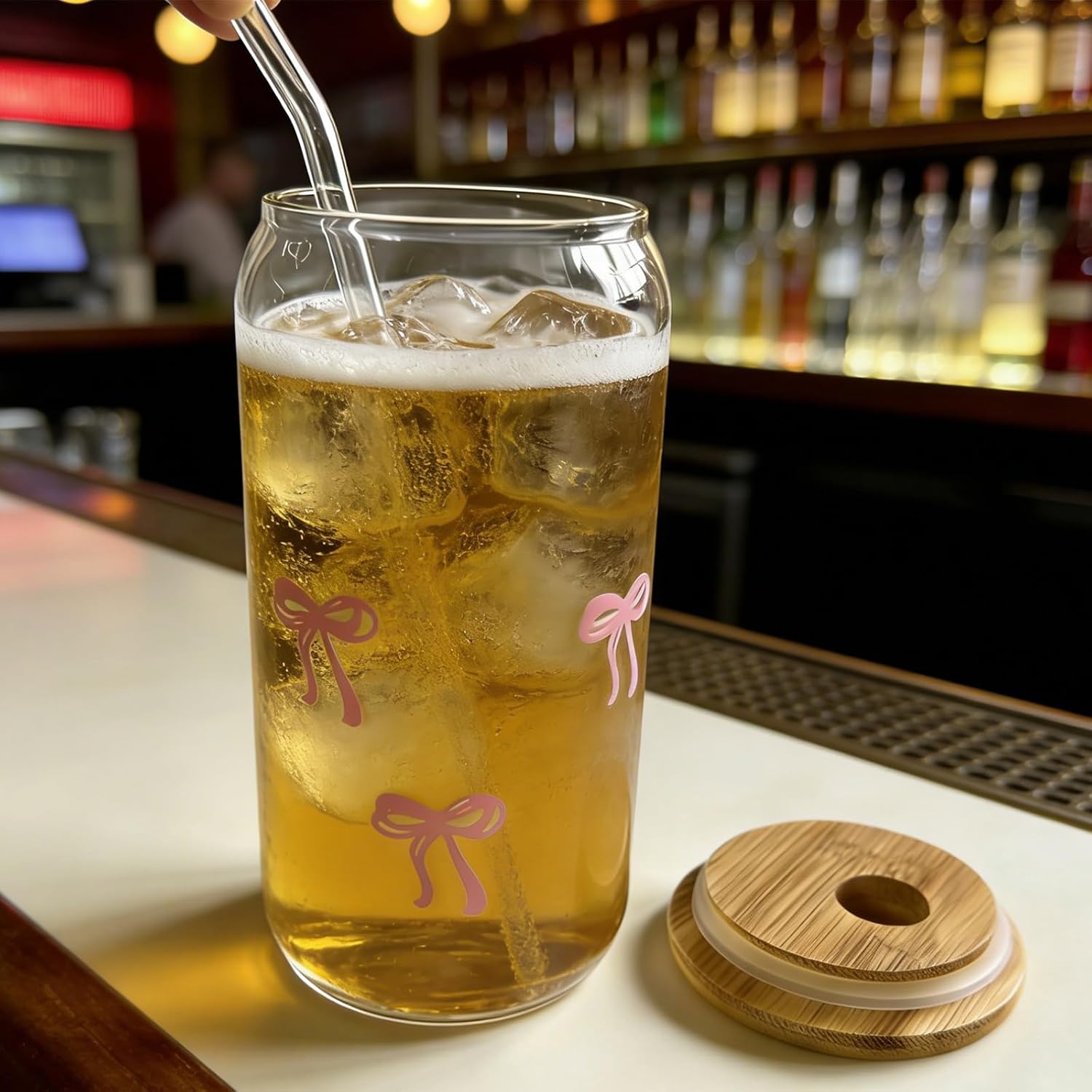 FXK 16 oz Glass Cups, Drinking Glasses with Bamboo Lids and Straws