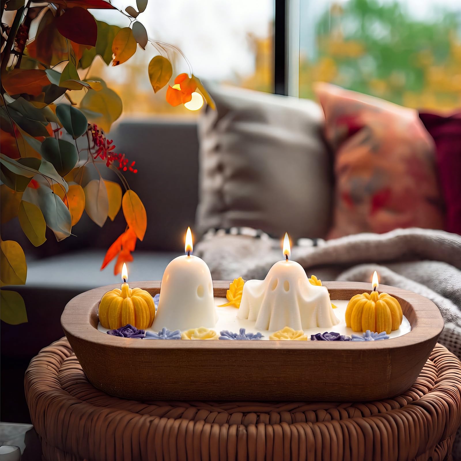 Siifert Vela de madera para Halloween con forma de cuenco de masa de fantasma, 3 mechas perfumadas con 100% cera de soja, decoraciones navideñas, decoración espeluznante de habitación