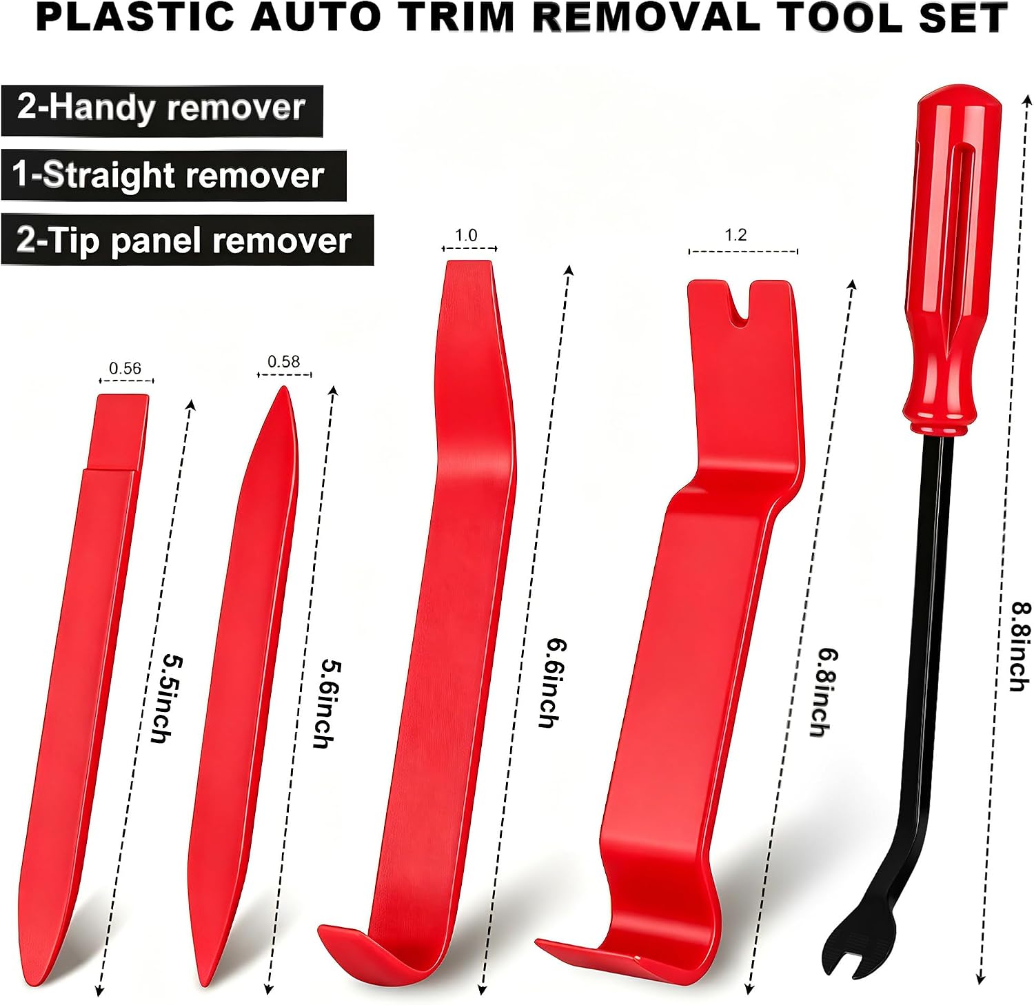 EldHus 5 Pcs Car Trim Removal Tool Kit Upholstery Tools, Auto Clip Removal Pry Tool for Door Dash Dashboard Panel Fastener Remover, Push Pin Puller Body Repair Tools, Red