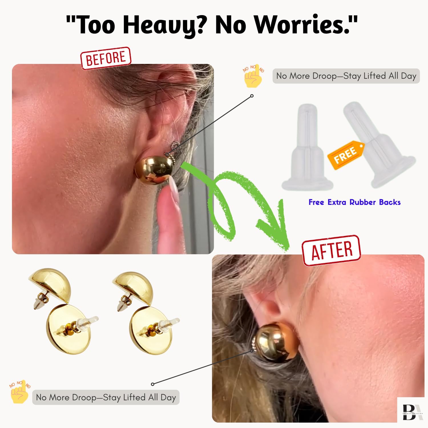 Stainless Steel Gold Button Earrings for Women – Half Ball Round Dome Studs – High Polished 10mm-24mm – Ideal Gift for Women