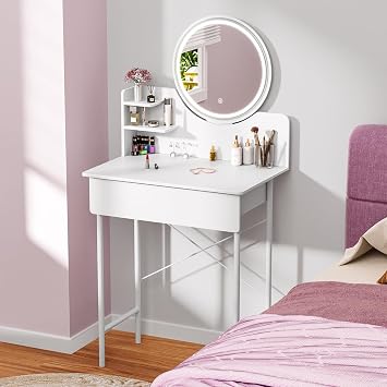 Makeup Vanity Desk with Lights, Small Vanity Table with Mirror and 1 Drawer, White Make Up Vanitys with Lighted Mirror, 2 Open Shelves, Dressing Table for Women Girls, Compact Bedroom Furniture White