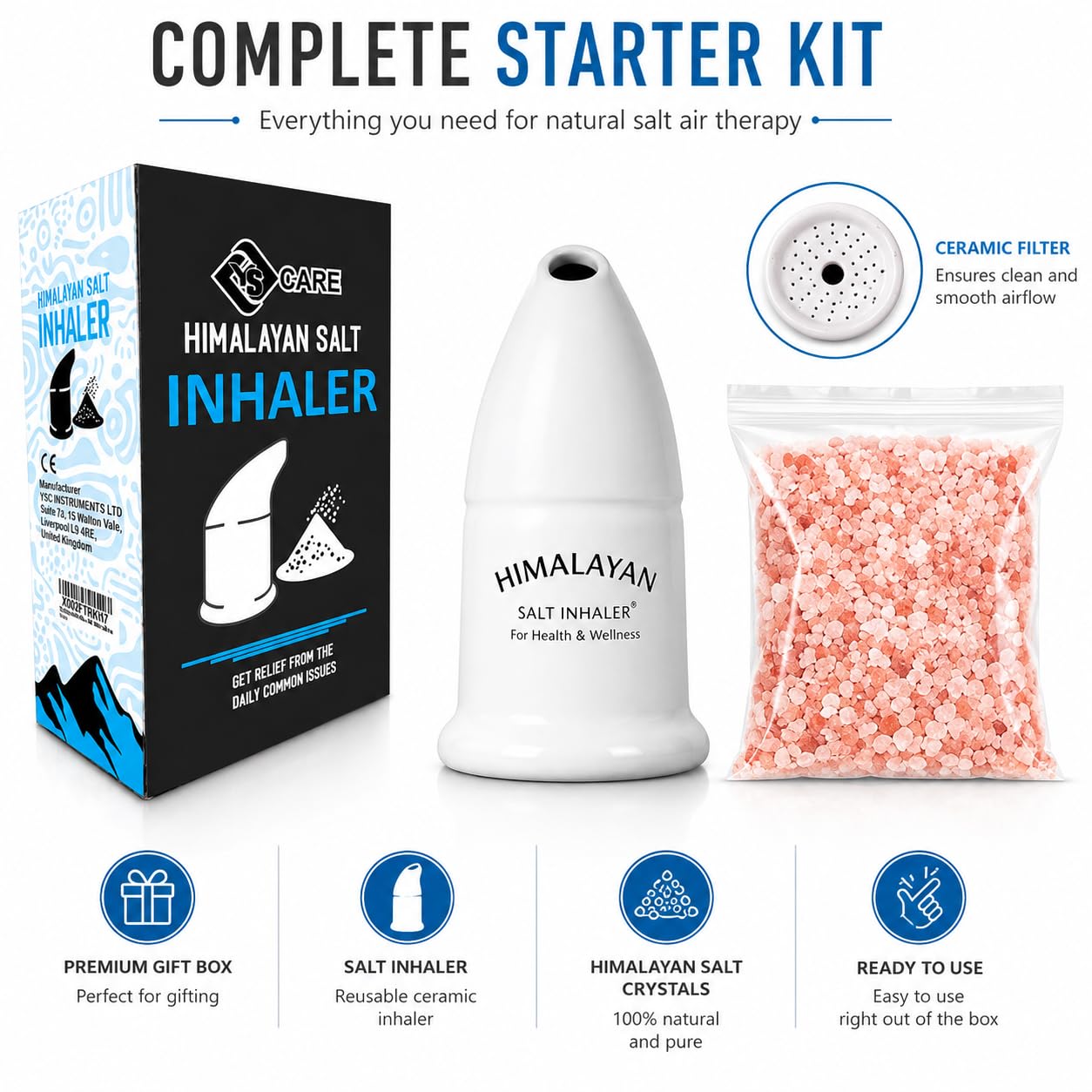 YSCARE Inalatore manuale in ceramica con sale himalayano, riempito con sale himalayano puro al 100% – per un'igiene e una salute ottimali, con 100 grammi di sale in omaggio. (3) (1)