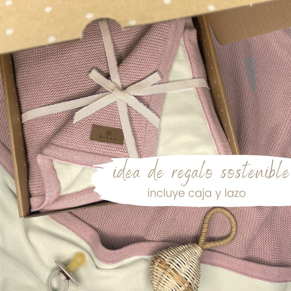 DIKOS® Manta Invierno Rosa Antiguo | Algodón/Terciopelo Certificada Oeko-Tex | Para Cochecito Con Bordura | Arrullo Bebé Recién Nacido Regalo Nacimiento