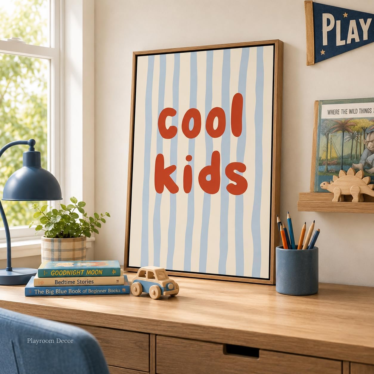 Framed Cool Kids Canvas Wall Art,Blue Striped Quote Picture Wall Decor image 3