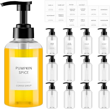 Maxdot 12 Pcs Coffee Syrup Dispenser Bottle with Pump Drink Syrup Container with Labels for Kitchen Restaurant Coffee Bar Accessories Organization, Black10 Oz