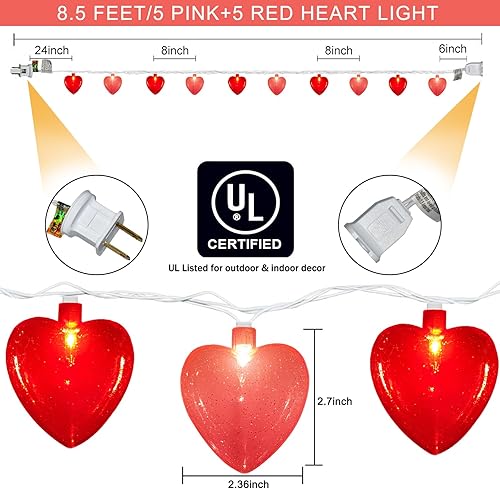 Miniatura 2 de SUNSGNE Cadena de luces de 8.5 pies con forma de corazón rojo y rosa, cadena de luces para el día de San Valentín con 10 luces de corazón rojas y