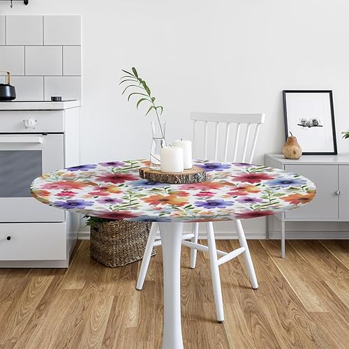 Vista 77 de Mantel redondo ajustable con borde elástico, mantel de hojas coloridas abstractas, impermeable, lavable, para mesas redondas, ideal para picnic