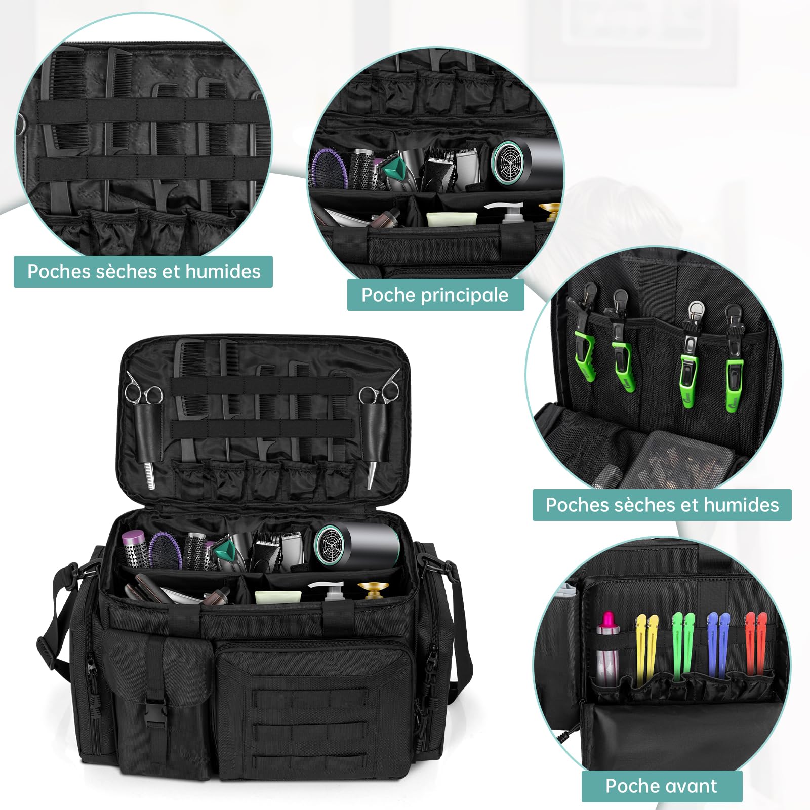 OUUTMEE Friseur-Aufbewahrungstasche mit verstellbaren Trennwänden, Friseurtasche für Haarschneidewerkzeuge, Aufbewahrungstasche für Friseursalon (nur Tasche), Schwarz, Schwarz , XL, Traditionell