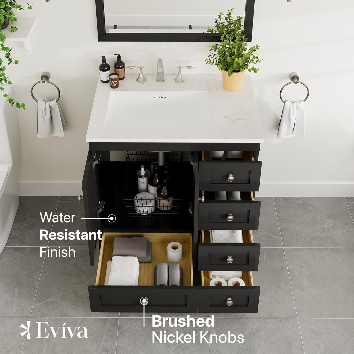Eviva Acclaim 30 in. Espresso Single Sink Bath Vanity with Carrara Quartz Top and Undermount Porcelain Sink