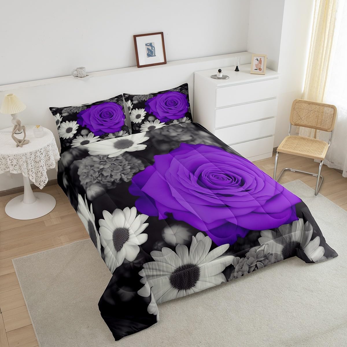 Rose Comforter Set King Size, Purple Rose Floral Bedding Set, Romantic Flower Down Comforter for Couple Lovers, Black Grey Blossom Duvet Insert, Garden Valentine Decor Bedding Comforter Sets, 3Pcs