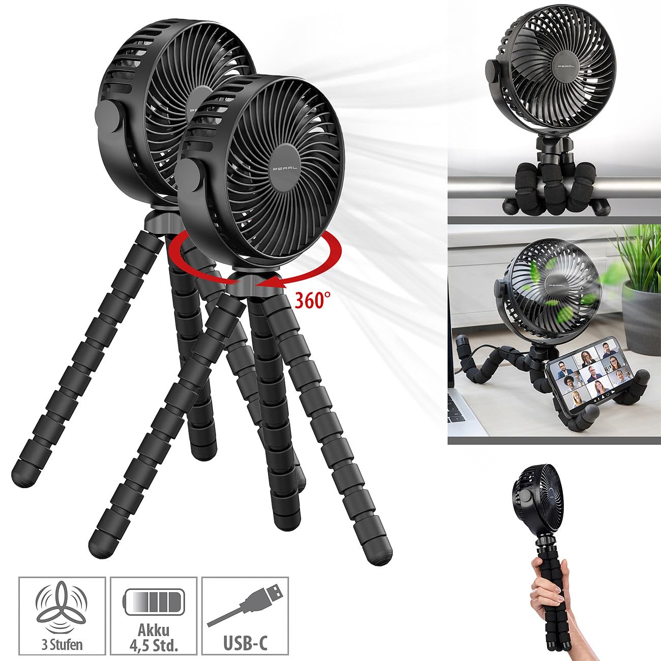 PEARL Kinderwagen Ventilator: 2er-Set 360°-Akku-Handventilatoren mit Stativ, 3 Geschwindigkeiten (Kleiner Ventilator, Stativ, Auto)
