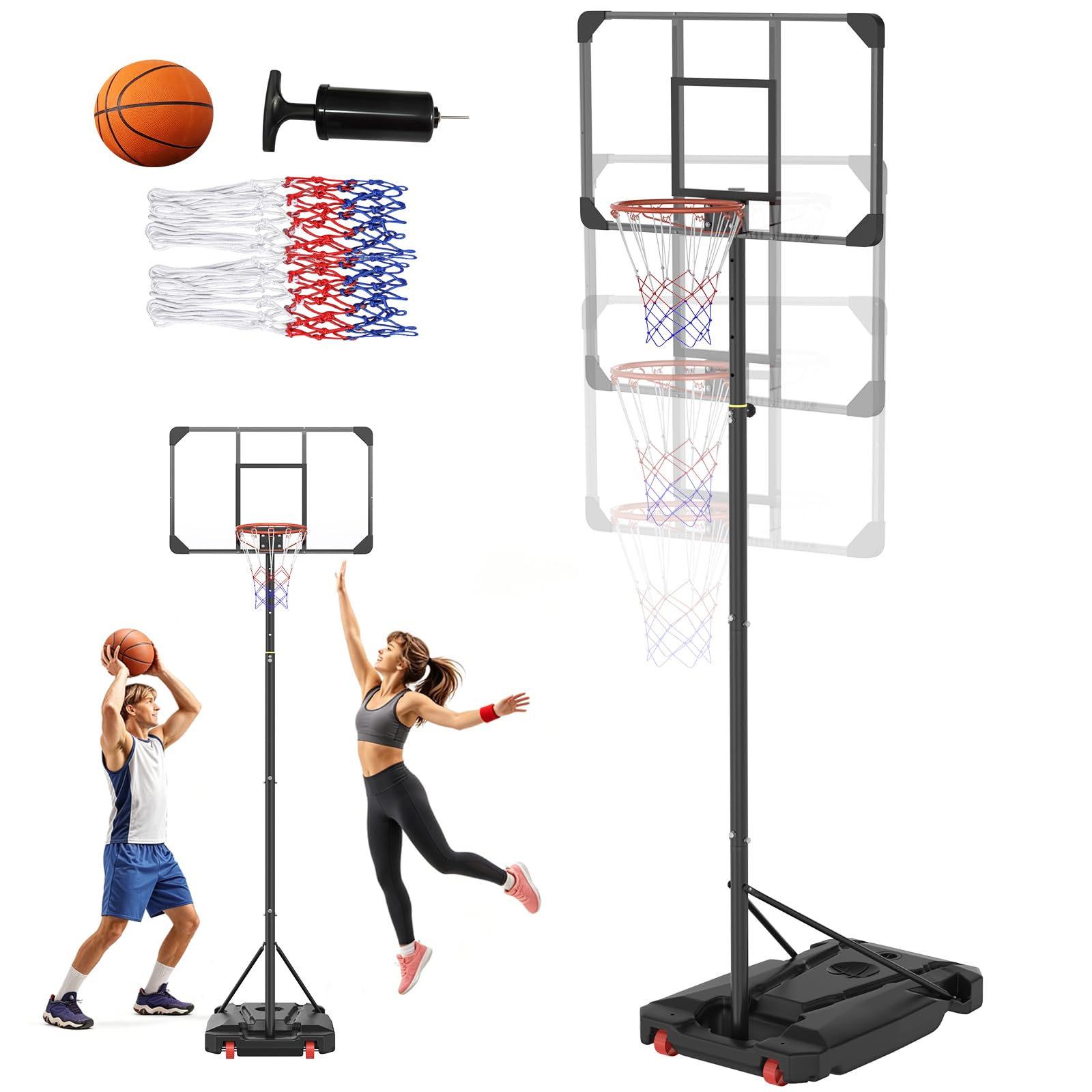 LZQ Basketballkorb höhenverstellbar 150-260 cm mit Rollen, Basketballständer Outdoor mit Ball & Pumpe, Tragbarer Basketballständer mit PE Standfuß, Basketballanlage für Garten Einfahrt Freizeit