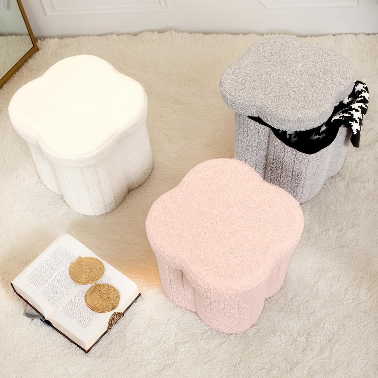 Flower Petal Storage Ottoman, Boucle Faux Teddy Folding Foot Rest Stool, 12.6 Inch Soft Padded Ottoman with Storage for Bedroom Dorm Living Room