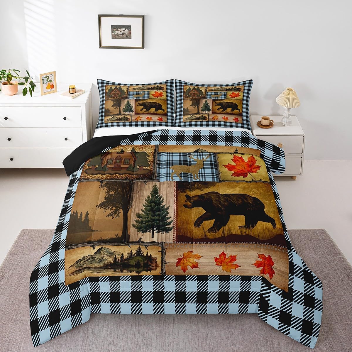 Erosebridal Buffalo Plaid Queen Comforter Set for Boys Girls,Rustic Bear Deer Wildlife Bedding Set,Woodland Animals Rv Duvet Insert,Vintage Western Bedroom Decor Down Comforter,Light Blue