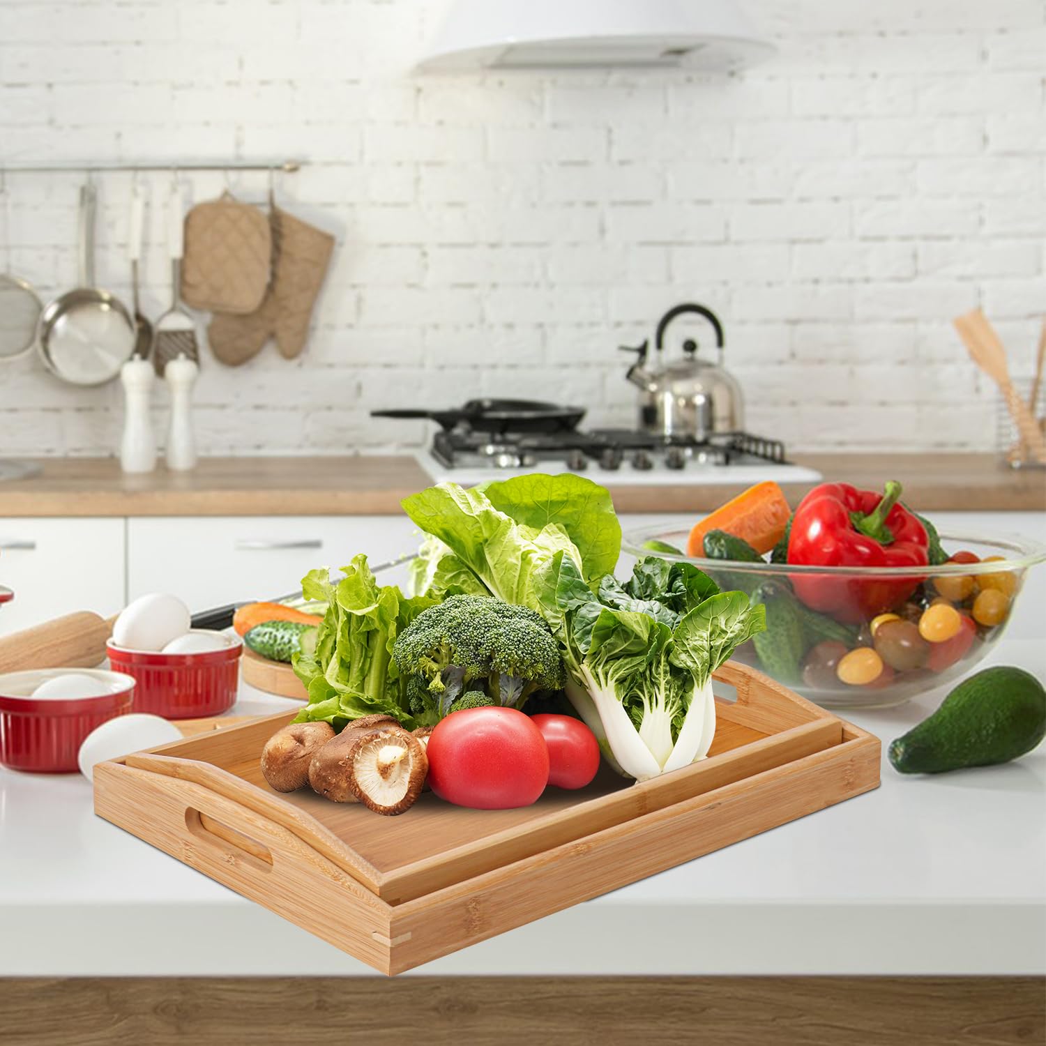 2 bandejas de bambú para servir, bandeja de cama de desayuno anidada de 2 tamaños con asa, bandeja de madera para servir, bandejas de cama de desayuno para comer, decoración, mostrar pasteles