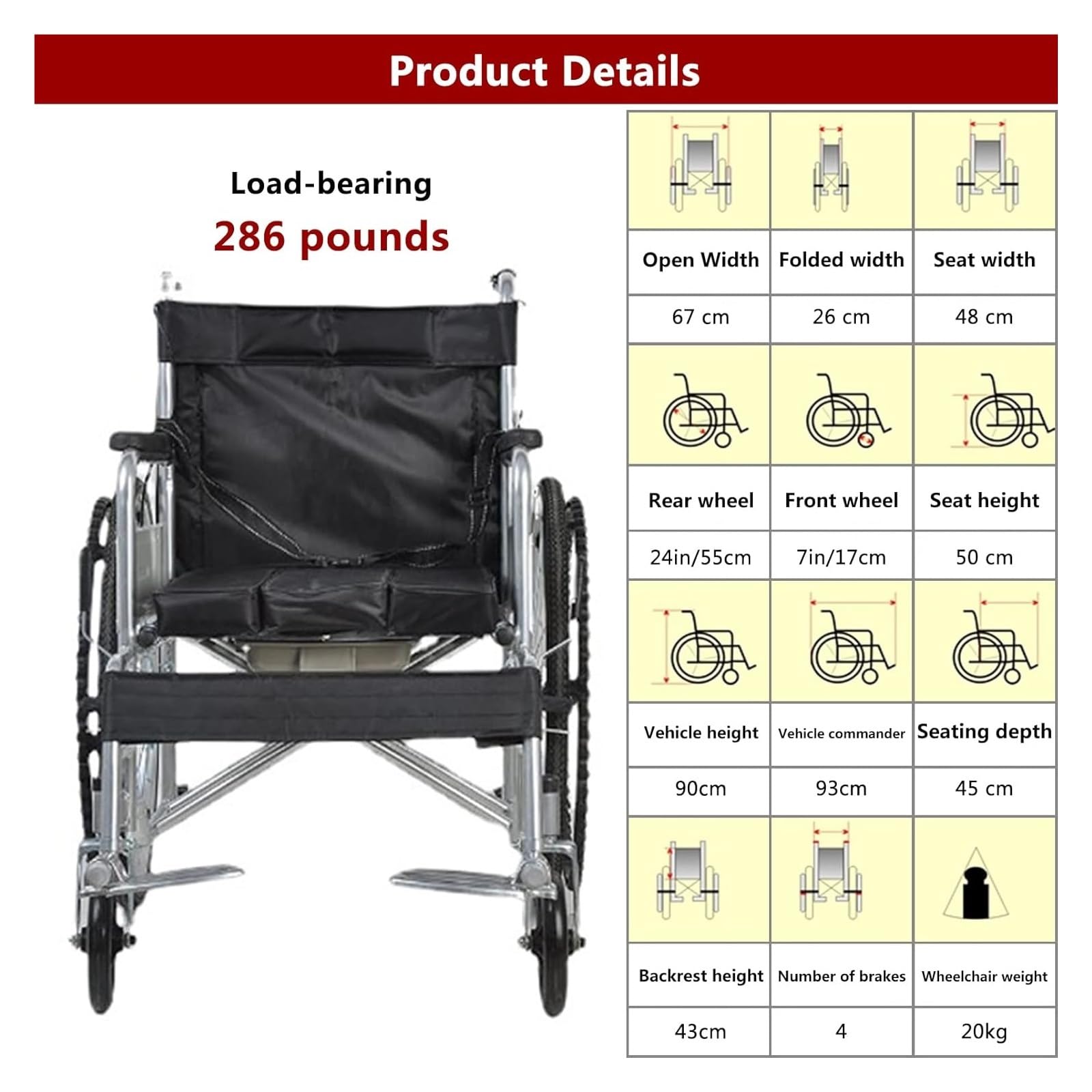 Silla De Ruedas Plegable Silla De Ruedas, Silla De Ruedas Manual Ligera, Silla De Transporte Plegable con Reposapiés, Compacta, Capacidad De Peso De 286 LB