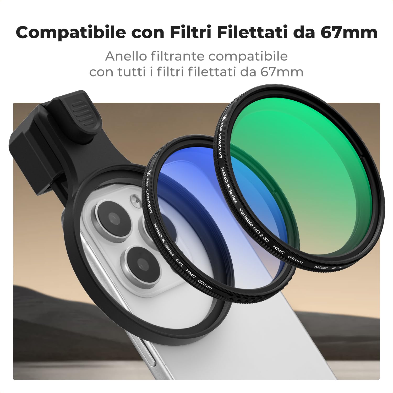 K&F CONCEPT 67mm Kit Filtri CPL per Telefono Obiettivo, Press-Type, Filtro Polarizzatore Compatibile con iPhone 17/16/15/14/13/12, 16/15/14/13/12 Pro e Pro Max, Samsung