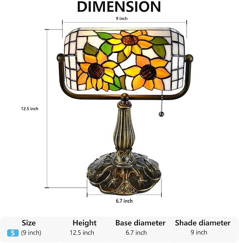 Miniatura 3 de Tiffany Bankers - Lámpara de escritorio, luz de piano de cristal de girasol con bombilla LED, lámpara de escritorio estilo Tiffany vintage para