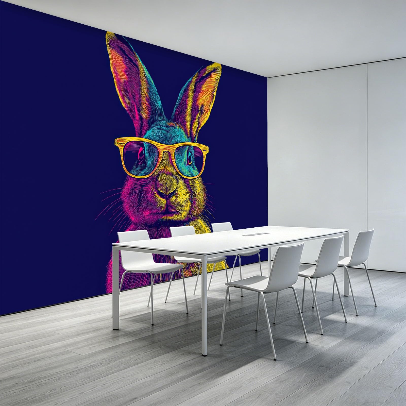 Panoramiczna tapeta 350 x 256 cm, włóknina ścienna ścienna neonowy minimalistyczny zwierzęcy królik - do salonu pokoju dziecięcego i ciemnoniebieski dekoracja ścienna