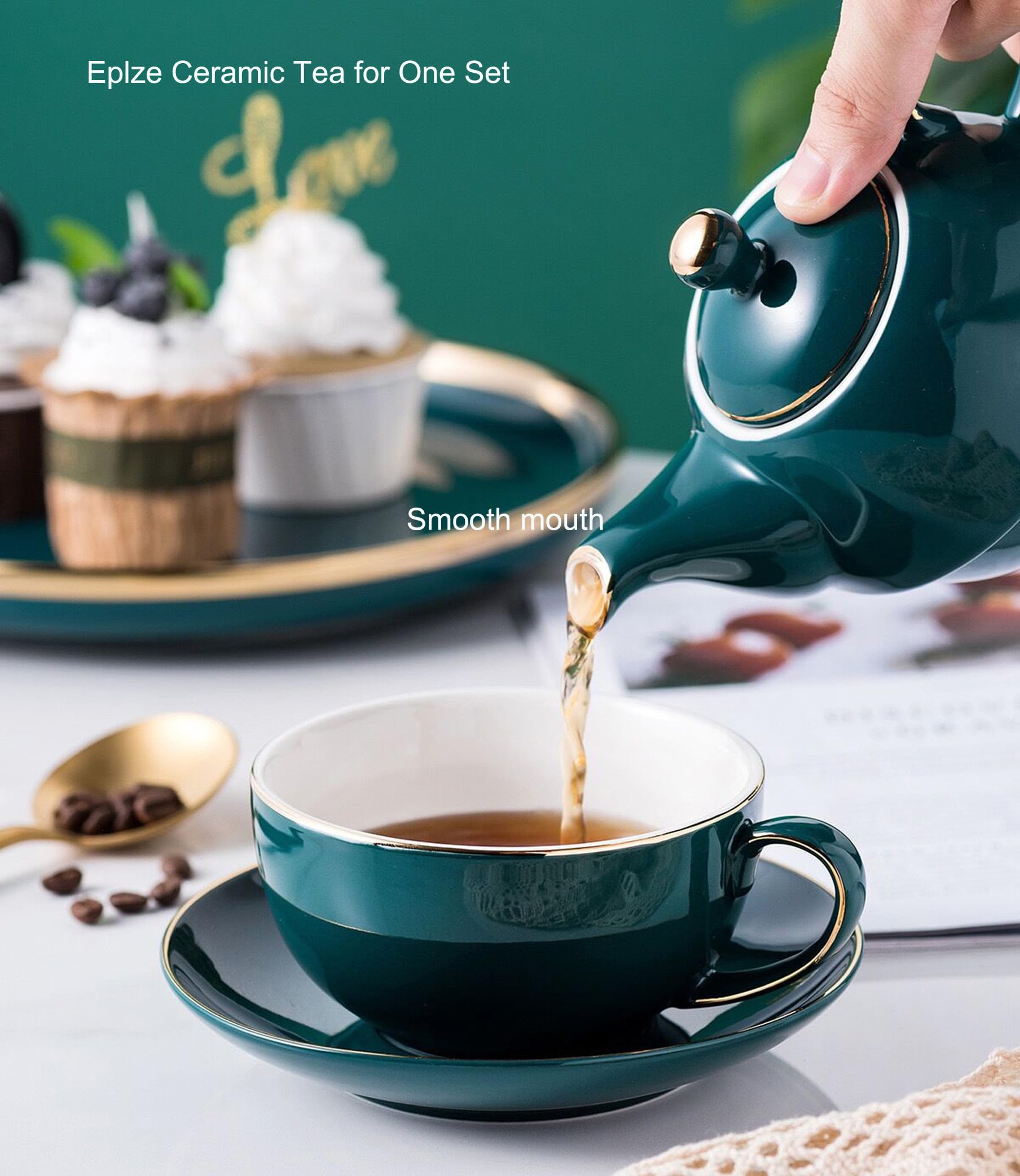 YBK Tech Euro Style - Juego de tetera y platillo de té para un juego de té de porcelana de hueso, taza de té de cerámica para desayuno en casa cocina – verde pavo real