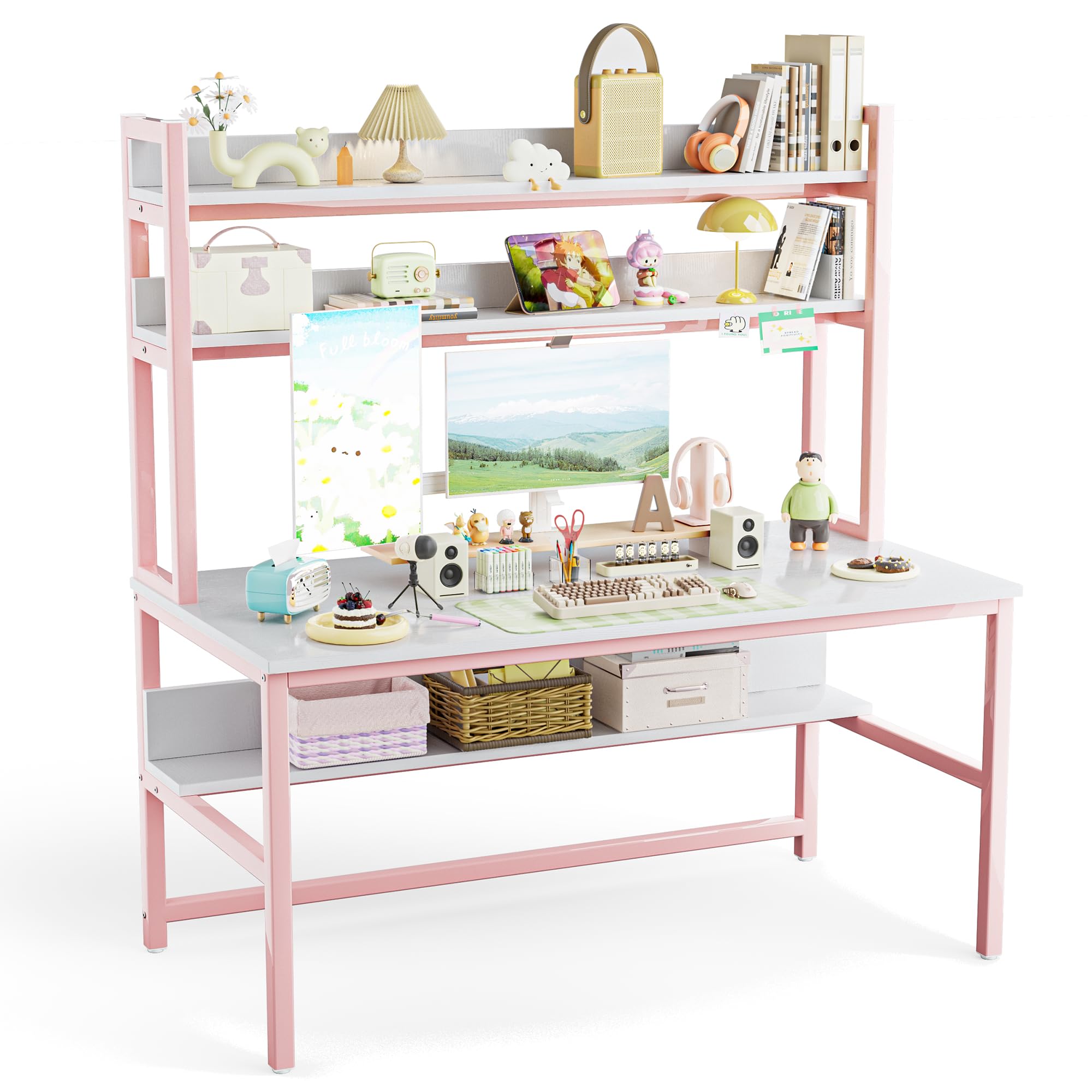 Aquzee Schreibtisch mit Regal, 140 cm Großer Schreibtisch Holz, Tisch Mädche mit Hoher Aufsatzregal, Platzsparend Schreibtische Bücherregal Kombi, Homeoffice Computertisch für Lernen und Arbeit, Rosa