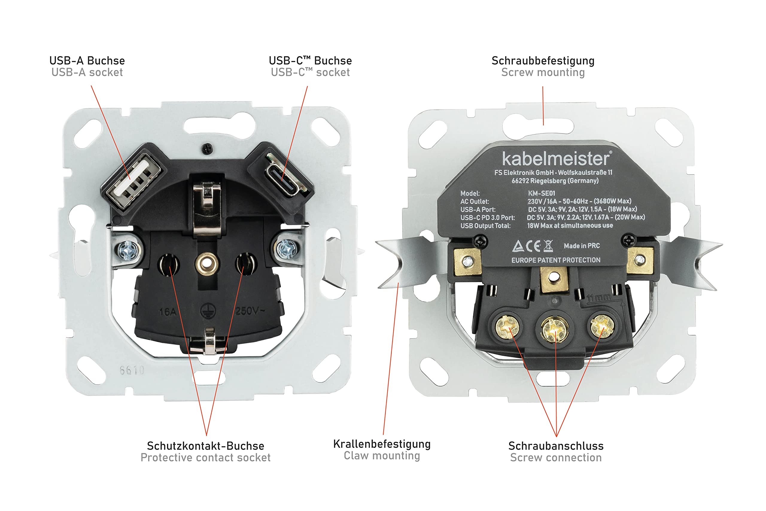 Schutzkontakt-Einbausteckdose 2-fach, jeweils mit USB-C (20W, Power Delivery 3.0) und USB-A Buchse (18W) - inkl. Doppelrahmen + 2x Zentralstück - signalweiß (RAL9003)