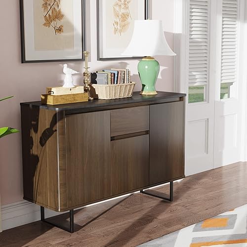 Miniatura 9 de SILKYDRY Armario de buffet para aparador armario de almacenamiento de cocina con estantes ajustables cajón grande 3 puertas y patas de metal mesa