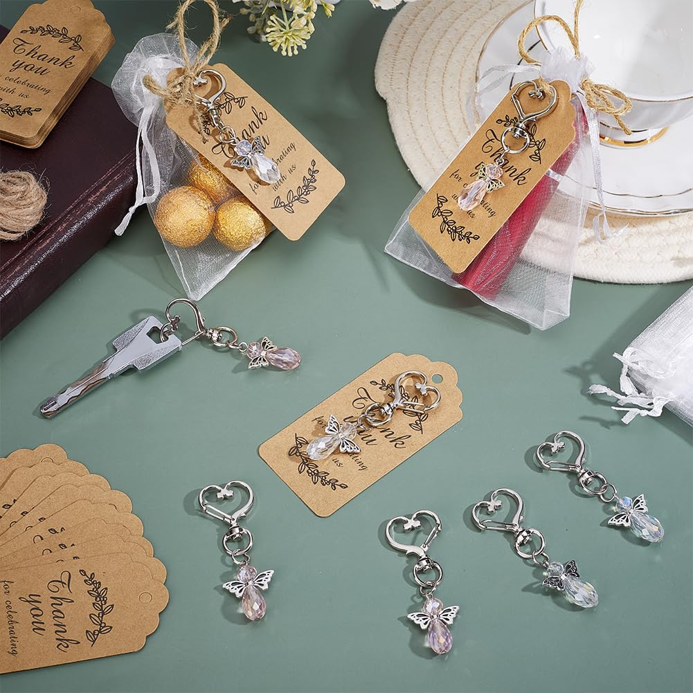 PH PandaHall 40 Set Portachiavi Angelo Bomboniere Ciondoli Angelo Rosa e Bianco con Etichette Sacchetto di Organza con Coulisse Regali per Matrimonio Compleanno Battesimo Souvenir Natale