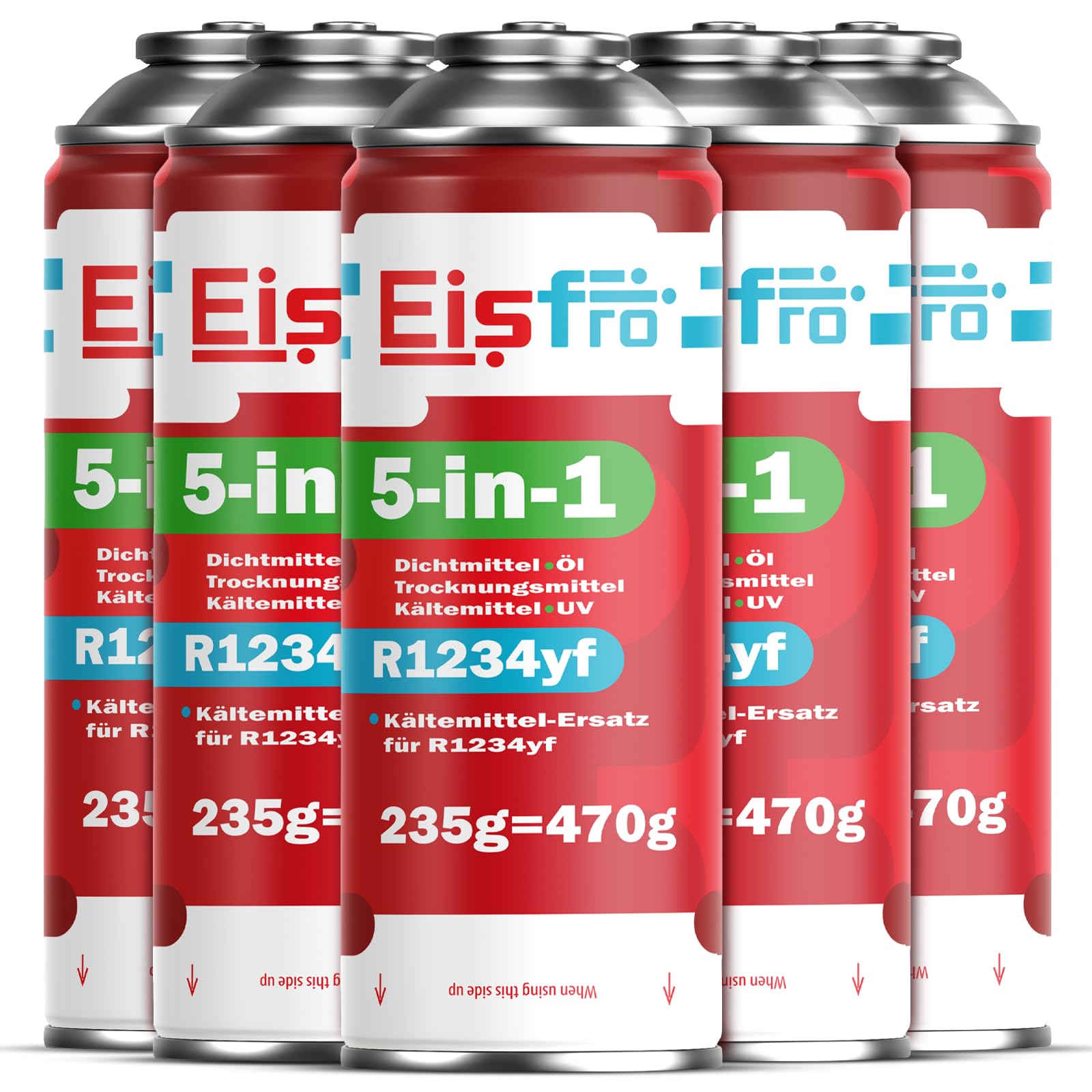 5 en 1 – 5 x refrigerante R1234yf para Aire Acondicionado de Coche con Aceite, sellador de Fugas, trazador UV y deshidratante – Aplicación rápida – Protege el compresor – 235 g por Caja