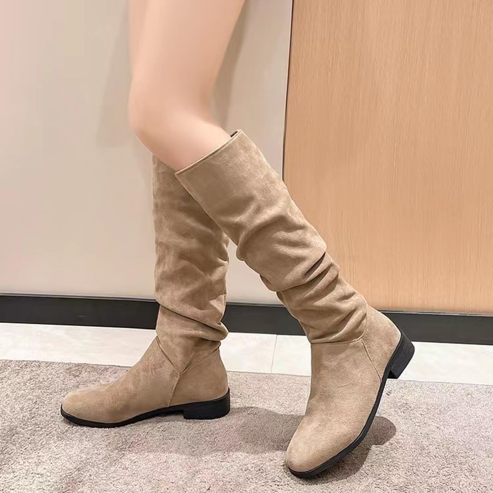 Generisch Bottines pour femme - Style rétro - Couleur unie - En daim - Grandes tailles - Talon bloc - Hauteur de tige moyenne - Bottes d'équitation confortables