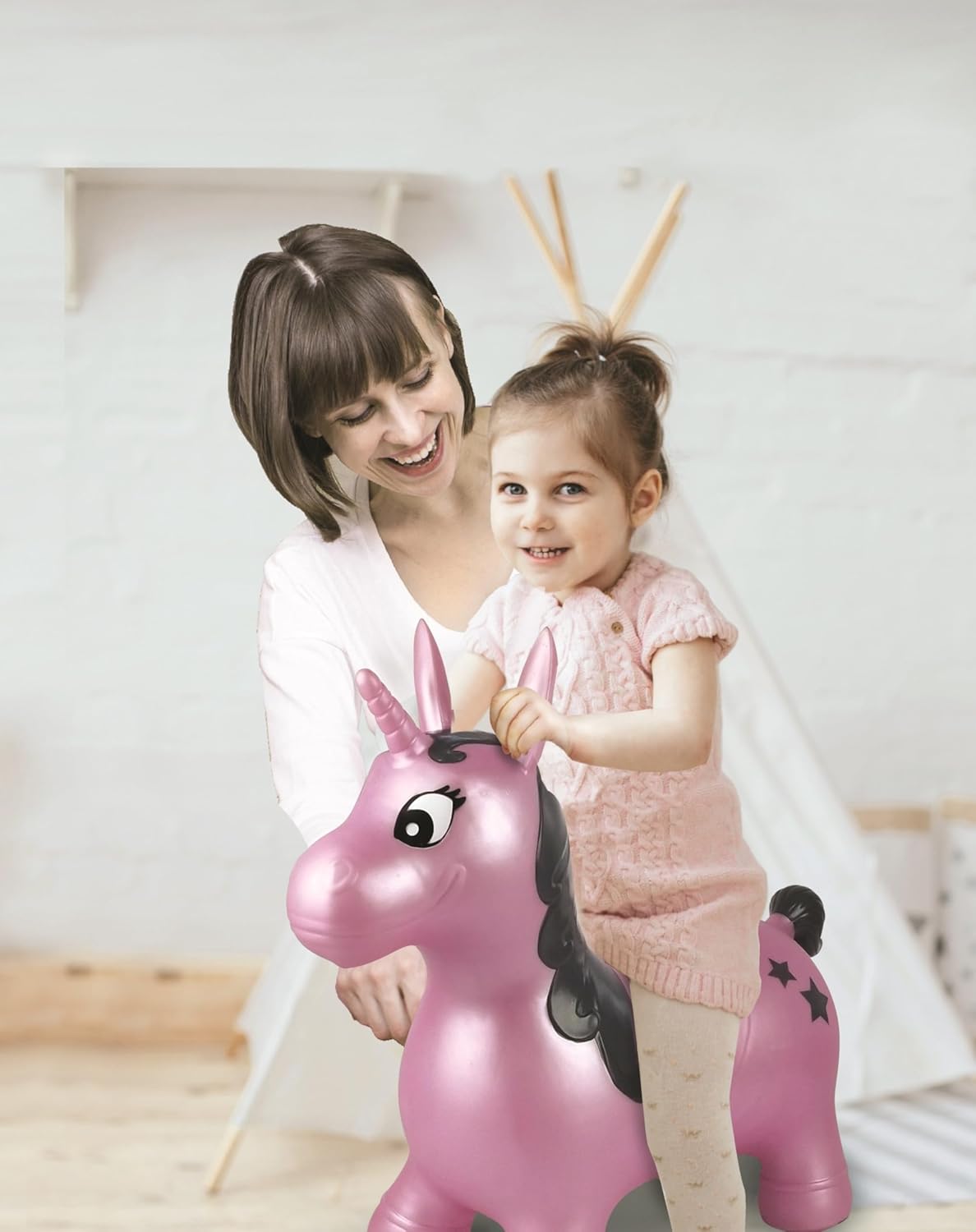 LEXiBOOK Inflatable Jumping Unicorn, for Indoor and Outdoor use, Balance and Motor Skills Development, Hand Pump Included, Safe and Resistant Plastic, Pink, BG050UNI