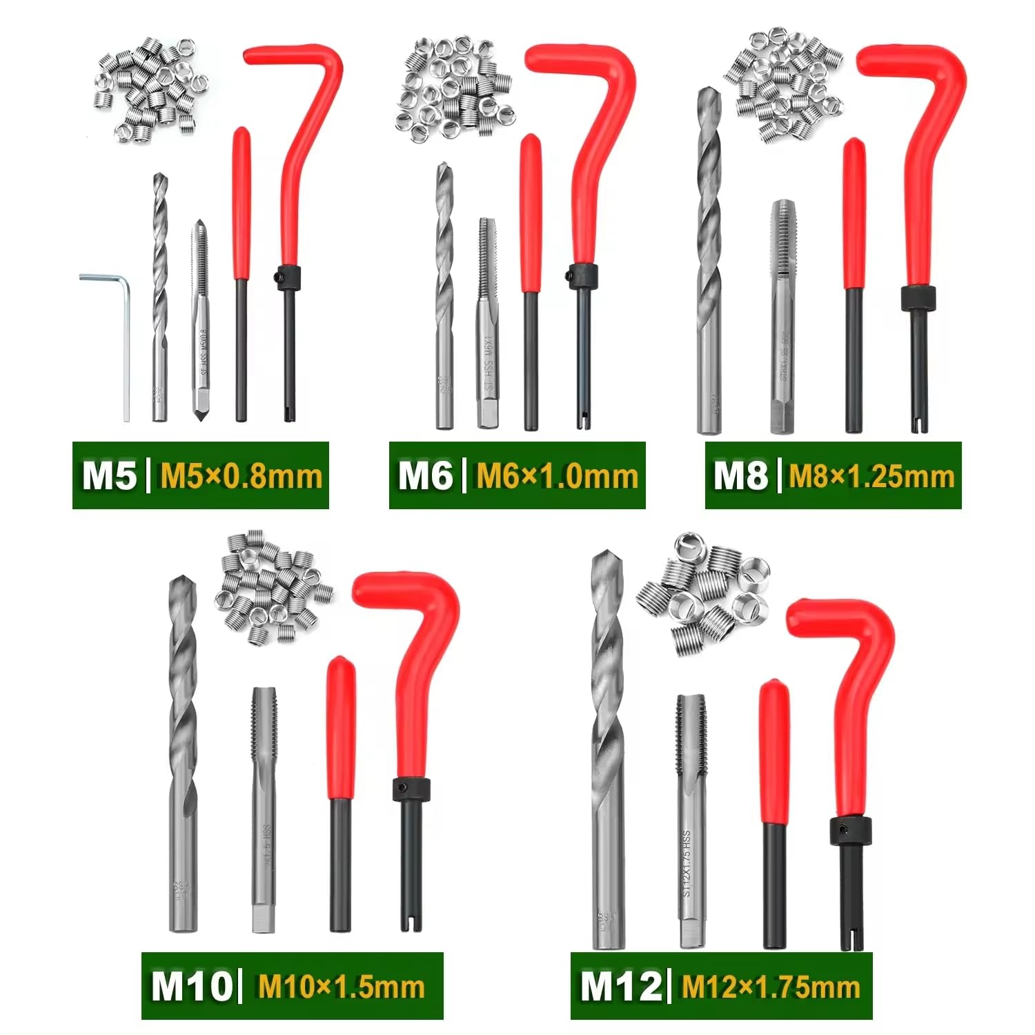 Riparazione Filetti Kit 131 Pz Filettatura, Helicoil per Filetti Metrici Interni M5 M6 M8 M10 M12, Set Elicoidi per Viti e Filettatura Interna