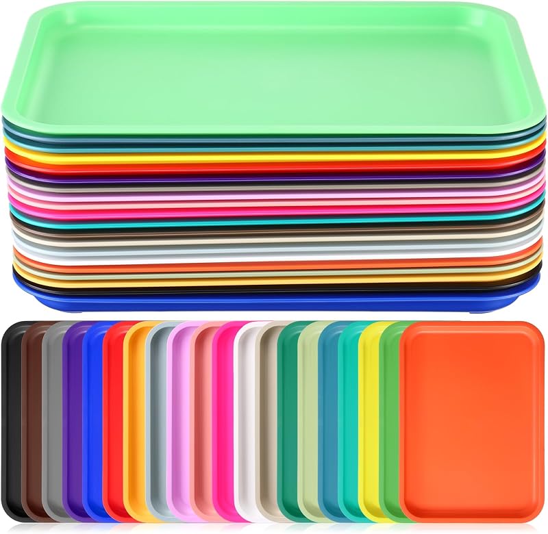 Sintuff 20 Pcs Plastic Art Trays Lunch Colorful, 20 Colors, 10 x 7 Inch | Fast Food Lunch Trays Bulk, Activity Crafts, Sensory Serving Organizer for Home, School, Kids, DIY Projects, Painting, Beads